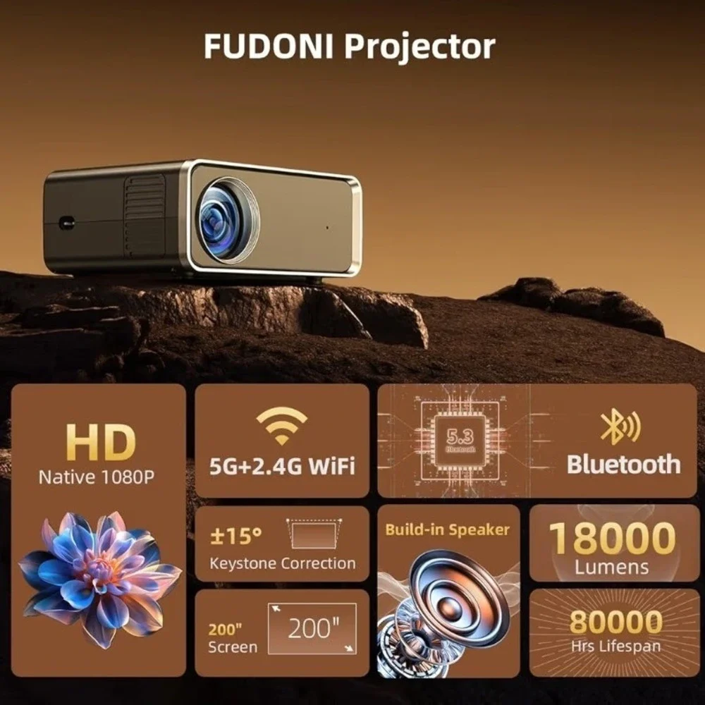 FUDONI Native 1080P Projector 4K Support 18000L WiFi Bluetooth Home Theater Gray